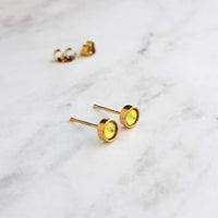 Orange Stud Earrings - tiny little round AB opalescent rhinestone gem, gold plated hypoallergenic stainless steel, girls, minimalist jewelry - Constant Baubling