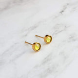 Peridot Green Stud Earrings - tiny round opalescent chartreuse rhinestone gem, gold plated hypoallergenic stainless steel minimalist jewelry - Constant Baubling