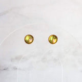 Peridot Green Stud Earrings - tiny round opalescent chartreuse rhinestone gem, gold plated hypoallergenic stainless steel minimalist jewelry - Constant Baubling