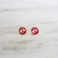 Rose Pink Stud Earrings, little gold stud, light pink stud, opalescent pink, small round rhinestone gem, tiny hypoallergenic stainless steel - Constant Baubling