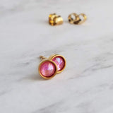 Rose Pink Stud Earrings, little gold stud, light pink stud, opalescent pink, small round rhinestone gem, tiny hypoallergenic stainless steel - Constant Baubling