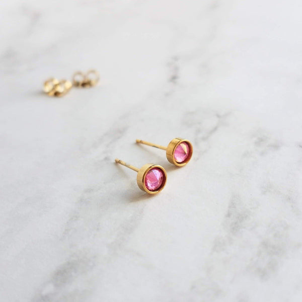 Rose Pink Stud Earrings, little gold stud, light pink stud, opalescent pink, small round rhinestone gem, tiny hypoallergenic stainless steel - Constant Baubling