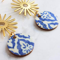 Blue Gold Sun Earrings, Moroccan earring, cork earring, blue white earring, tile pattern earring, sun ray dangle, 2.5 inch long, sunshine - Constant Baubling
