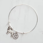 Border Collie Bracelet, adjustable silver bangle, dog charm bracelet, personalized gift, letter charm, herder dog jewelry, silver dog charm - Constant Baubling