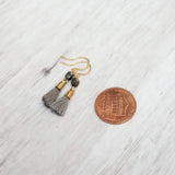 Tiny Tassel Earrings - little grey dark chrome facet cut glass bead & small thread fringe, 14K solid gold/gold fill/gold plate hooks - Constant Baubling