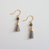 Tiny Tassel Earrings - little grey dark chrome facet cut glass bead & small thread fringe, 14K solid gold/gold fill/gold plate hooks - Constant Baubling