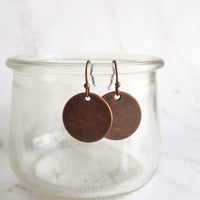 Copper Disk Earrings, aged copper earring, copper circle earring, flat circle earring, small copper disk earring antique copper disk earring - Constant Baubling