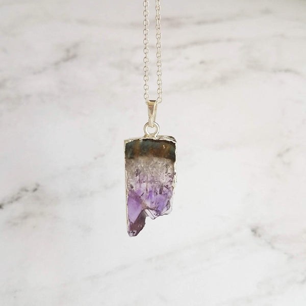 Amethyst Chunk Necklace, silver edge amethyst, gemstone slice pendant, thin silver chain, February birthstone gift, raw edge purple stone - Constant Baubling