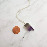 Amethyst Chunk Necklace, silver edge amethyst, gemstone slice pendant, thin silver chain, February birthstone gift, raw edge purple stone - Constant Baubling