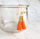 Tassel Earrings - gold cap fringe on fancy 4 ball hooks in teal, pale light blue, bright orange, hot/fuchsia pink, silky colorful jewelry - Constant Baubling