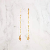 Gold Leaf Earring - long chains w/ simple minimalist small leaves, delicate fine ear hooks, 14K gold fill option, elegant everyday autumn - Constant Baubling
