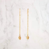 Gold Leaf Earring - long chains w/ simple minimalist small leaves, delicate fine ear hooks, 14K gold fill option, elegant everyday autumn - Constant Baubling