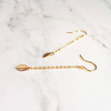 Gold Leaf Earring - long chains w/ simple minimalist small leaves, delicate fine ear hooks, 14K gold fill option, elegant everyday autumn - Constant Baubling