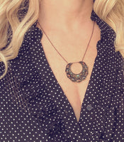 Medallion Necklace - blackened dark bronze/antique brass ox moon shape pendant - Bohemian ethnic tribal boho crescent - coral blue lacy - Constant Baubling