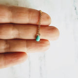 Gold Minimalist Necklace, tiny mint drop, aqua teardrop, blue drop pendant, 14K gold fill chain, glass drop, delicate necklace gift under 30 - Constant Baubling