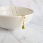 Green Teardrop Necklace -  very tiny pea green glass drop, 14K gold fill chain, delicate small little teardrop, gift for her under 30 - Constant Baubling