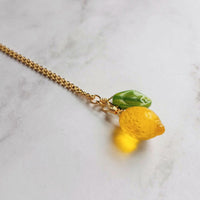Lemon Necklace, yellow lemon pendant, citrus fruit necklace, green leaf, when life gives you lemons make lemonade, gold chain summer jewelry - Constant Baubling