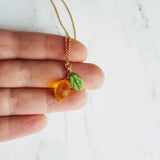 Lemon Necklace, yellow lemon pendant, citrus fruit necklace, green leaf, when life gives you lemons make lemonade, gold chain summer jewelry - Constant Baubling