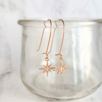 Wishing Star Earrings - rose gold tiny celestial guide Polaris charm w/ cubic zirconia, night sky astonomy gift, small shooting twinkle star - Constant Baubling