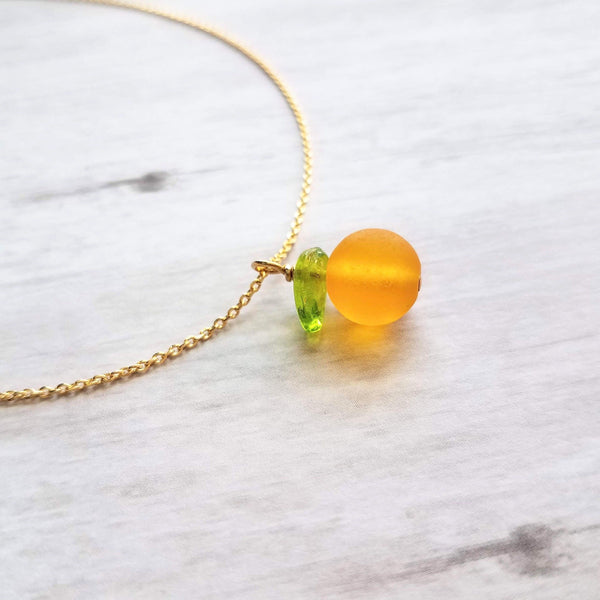 Orange Necklace, small fruit pendant, green leaf charm, orange jewelry, glass orange, translucent orange, Florida fruit, simple gold chain - Constant Baubling