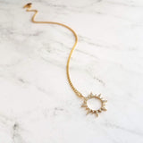 Gold Sun Necklace, cubic zirconia sun, spiky sun pendant, crystal sun pendant, open circle sunshine pendant, gold sun charm, thin chain - Constant Baubling
