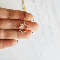 Gold Sun Necklace, cubic zirconia sun, spiky sun pendant, crystal sun pendant, open circle sunshine pendant, gold sun charm, thin chain - Constant Baubling