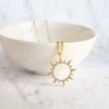 Gold Sun Necklace, cubic zirconia sun, spiky sun pendant, crystal sun pendant, open circle sunshine pendant, gold sun charm, thin chain - Constant Baubling