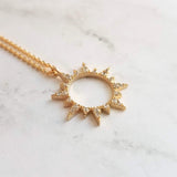 Gold Sun Necklace, cubic zirconia sun, spiky sun pendant, crystal sun pendant, open circle sunshine pendant, gold sun charm, thin chain - Constant Baubling