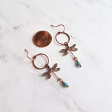 Dragonfly Earrings, bug earring, small dragonfly, rustic copper, antique copper earring, ornate earring, dragonflies copper turquoise dangle - Constant Baubling
