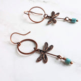 Dragonfly Earrings, bug earring, small dragonfly, rustic copper, antique copper earring, ornate earring, dragonflies copper turquoise dangle - Constant Baubling