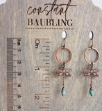 Dragonfly Earrings, bug earring, small dragonfly, rustic copper, antique copper earring, ornate earring, dragonflies copper turquoise dangle - Constant Baubling