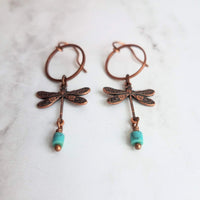 Dragonfly Earrings, bug earring, small dragonfly, rustic copper, antique copper earring, ornate earring, dragonflies copper turquoise dangle - Constant Baubling