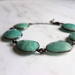 Blue Amazonite Stone Bracelet w/ shiny black gunmetal bezel frames, organic shaped oval gemstones, aqua turquoise gemstone, adjustable chain - Constant Baubling