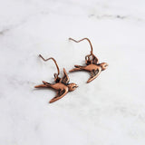 Copper Flying Bird Earrings - small oxidized antique finish charms & hooks, handmade couple/lover gift, bird watcher gift, little sparrow - Constant Baubling
