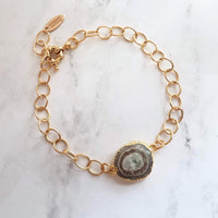 Stone Slice Bracelet - chunky gold chain, agate bracelet, banded agate jewelry, gold stone bracelet, stone bracelet, gold edge stone, large - Constant Baubling