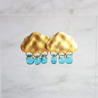 Gold Cloud Raindrop Earrings w/ aqua blue glass droplets, rain drops keep falling on my head, .925 sterling silver posts, cumulus, storm - Constant Baubling