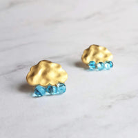 Gold Cloud Raindrop Earrings w/ aqua blue glass droplets, rain drops keep falling on my head, .925 sterling silver posts, cumulus, storm - Constant Baubling