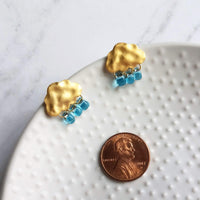 Gold Cloud Raindrop Earrings w/ aqua blue glass droplets, rain drops keep falling on my head, .925 sterling silver posts, cumulus, storm - Constant Baubling