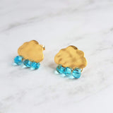 Gold Cloud Raindrop Earrings w/ aqua blue glass droplets, rain drops keep falling on my head, .925 sterling silver posts, cumulus, storm - Constant Baubling
