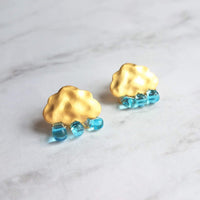 Gold Cloud Raindrop Earrings w/ aqua blue glass droplets, rain drops keep falling on my head, .925 sterling silver posts, cumulus, storm - Constant Baubling