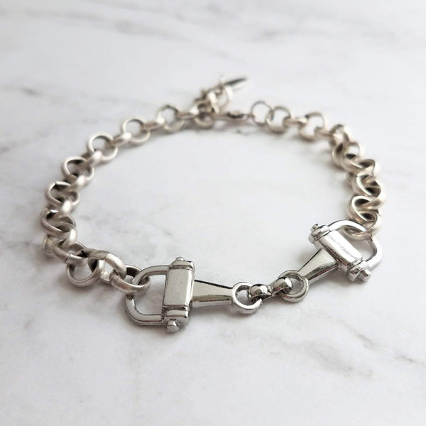 Silver Snaffle Bit Horse Bracelet, chunky antique silver chain, equestrian bracelet, silver horse bracelet, snaffle bracelet, D ring, thick - Constant Baubling