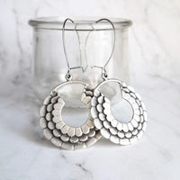 Large Flower Earrings - large antique silver round hoop, round kidney locking wire hoop, open circle earring, mum earring, layers of petals - Constant Baubling