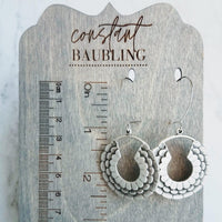 Large Flower Earrings - large antique silver round hoop, round kidney locking wire hoop, open circle earring, mum earring, layers of petals - Constant Baubling