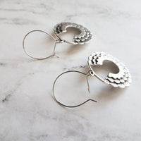 Large Flower Earrings - large antique silver round hoop, round kidney locking wire hoop, open circle earring, mum earring, layers of petals - Constant Baubling