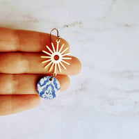 Blue Gold Sun Earrings, Moroccan earring, cork earring, blue white earring, tile pattern earring, sun ray dangle, 2.5 inch long, sunshine - Constant Baubling