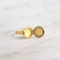 Locket Ring - small round gold brass locket, ADJUSTABLE FIT size 5 6 7 8 9, secret compartment, photo locket, memento ring, remembrance ring - Constant Baubling