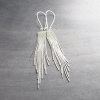 Silver Fringe Earrings, long chain earring, silver chain earring, snake chain earring, chain fringe earring, chain tassel earring 4" earring - Constant Baubling