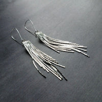 Silver Fringe Earrings, long chain earring, silver chain earring, snake chain earring, chain fringe earring, chain tassel earring 4" earring - Constant Baubling