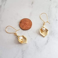Calla Lily Earrings - gold matte brass & freshwater pearls, locking kidney ear hook, delicate flower earrings, bridal bridesmaid jewelry - Constant Baubling