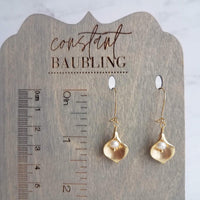 Calla Lily Earrings - gold matte brass & freshwater pearls, locking kidney ear hook, delicate flower earrings, bridal bridesmaid jewelry - Constant Baubling
